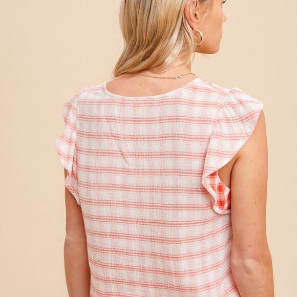 HEM & THREAD Red Plaid Flutter Sleeve Blouse, Lightweight Woven Top - Picture 3 of 6